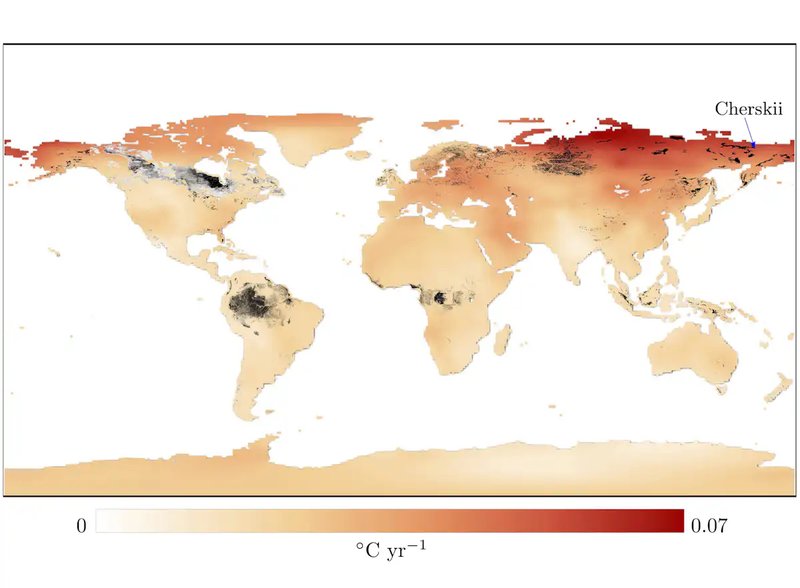 Red areas are warming fastest, while black and grey areas show carbon-rich peat soils. There is significant overlap between the two, such as in Cherskii in northern Siberia. O'Sullivan et al / Royal Society A (Data: Berkeley Earth / PEATMAP)